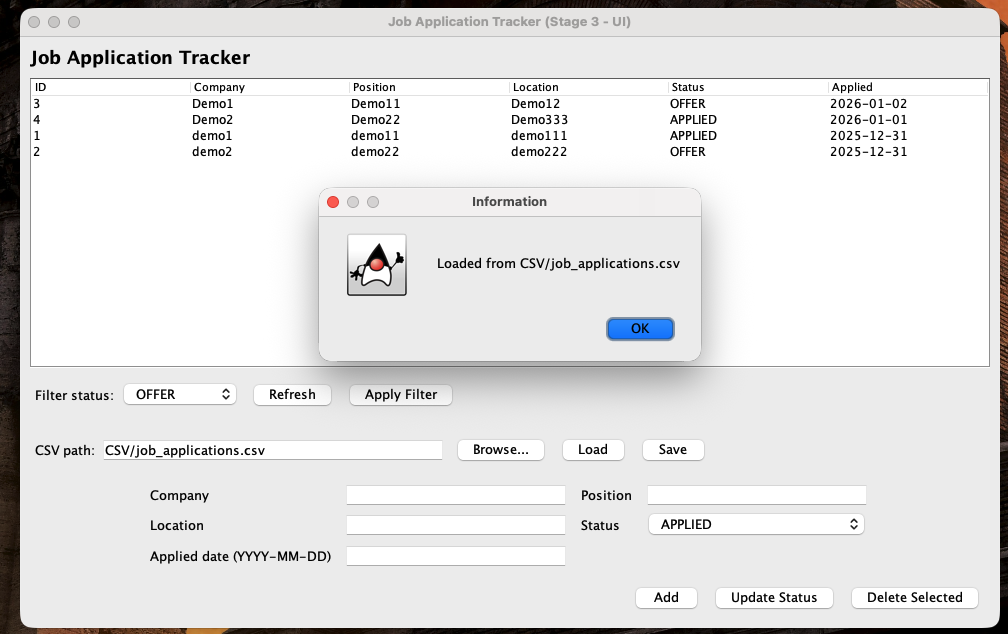 Stage 3 — CSV path and load/save